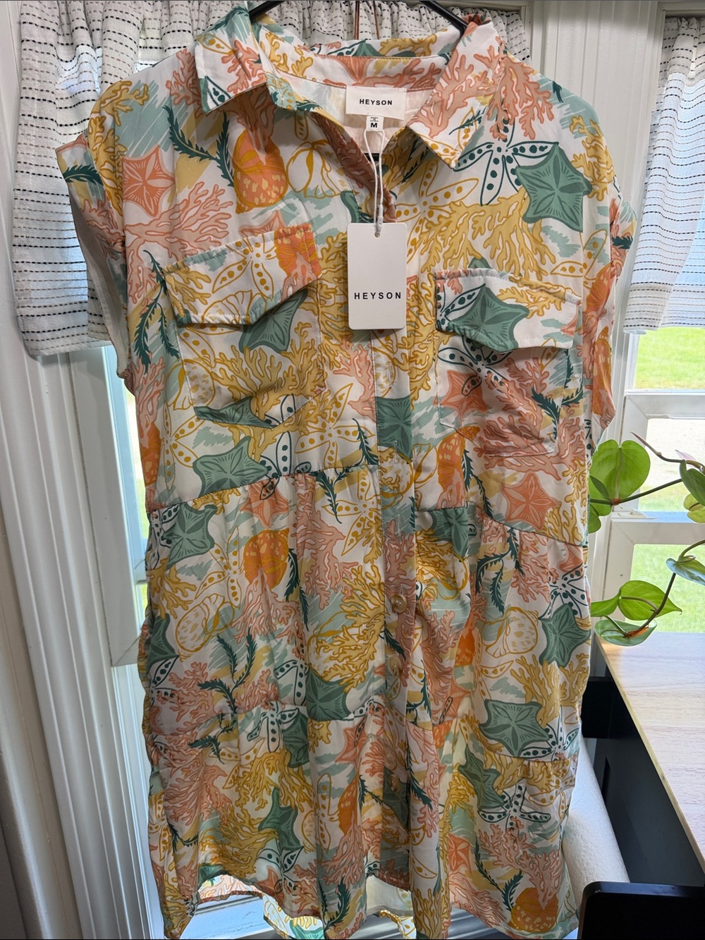 Heyson -Womens Printed Button-Up Dress— Pastel Coral & Green